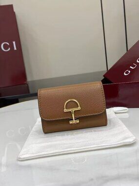Gucci Horsebit 1955 Card Case Wallet Brown Leather Gold Hardware Dust Bag